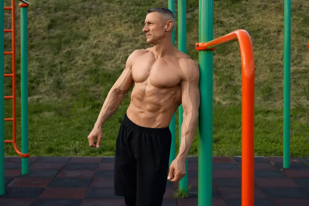 strong caucasian bodybuilder standing sports ground slim, fit and healthy man