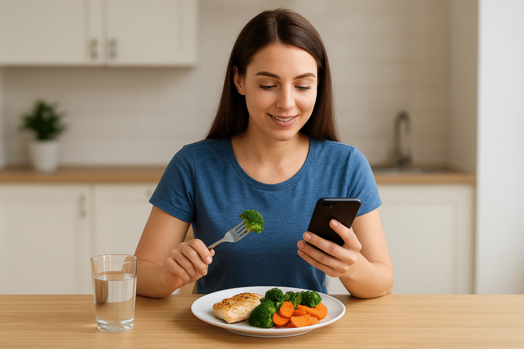 ChatGPT Image Oct 6 2025 04 29 20 PM A woman tracking her calories while eating a healthy, portion-controlled meal at home to maintain a calorie deficit and lose belly fat naturally.